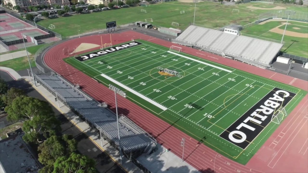 Aerial view of the Cabrillo High School athletics field, Long Beach Unified School District